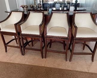 4 Frontgate (28” seat height) swivel, barstools with linen fabric & woven  backs