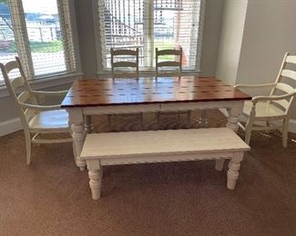 Pottery Barn Table 6’ by 40” with bench & 4 chairs 