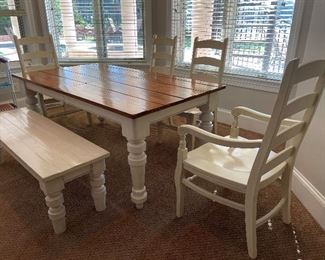 Pottery Barn Table 6’ by 40” with bench & 4 chairs 