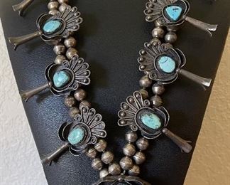 Old Pawn Navajo Sterling Silver And Natural Turquoise Squash Blossom Necklace With Bench Beads 