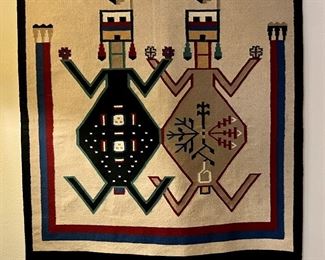 Vintage Navajo Hand Woven 60x61 Inch Wool Multicolor Pictorial Yei Rug With Fringe