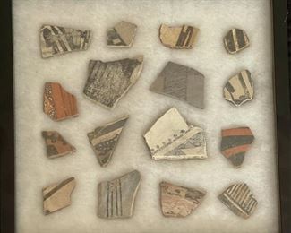 12.75x12.75 Inch Framed Collection Of Antique Native American Painted Pot Pieces