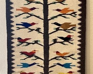 Vintage Guatemalan Hand Woven Wool 25x43 Inch Multicolor Bird Rug/wall Hanging On Dowel