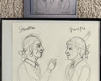 Harrison Begay Small Grandma And Grandpa Original Pencil Sketch In Frame