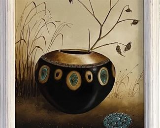 Navajo Artist Original Robert Yellowhair 1975 Oil On Canvas Painting In Wooden Frame 