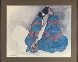 Large R.C. Gorman 1977 " Girl With Blue Blanket " Print In Frame