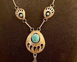Sterling Silver And Turquoise Navajo Bear Paw Necklace With Matching Post Earrings