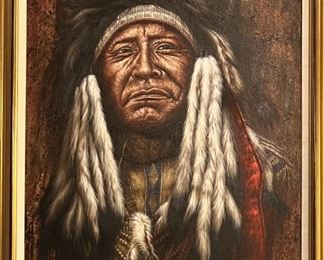 Original James Woolenshirt Oil On Canvas Chief " Two Moons " In Frame