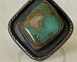 Old Pawn Navajo Turquoise And Sterling Silver Ring Size 11.5