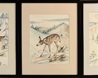 (3) Original Signed Kai-sa Deer Watercolors In Frame