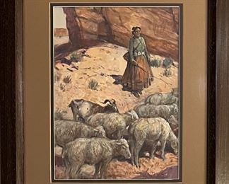 Original Nick Eggenhoffer Navajo Woman And Sheep Watercolor In Frame