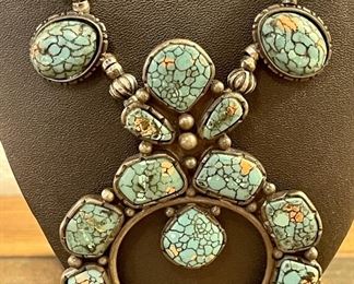 Vintage Silver Tone And Faux Turquoise Squash Blossom 
