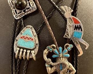 (4) Silver Tone Southwestern Theme Bolo Ties With Tips - Turquoise, Coral, Faux Turquoise, And More