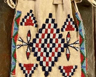 Native American Seed Bead Hide Draw String Medicine Bag