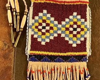 Native American Seed Bead Hide Medicine Bag With Bone And Metal Beads And Fringe