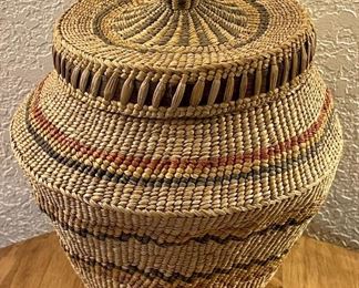 Native American Makah Lidded Basket 1960's Banded Polychrome Design
