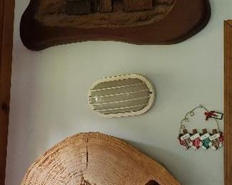 Hand carved wood slab wall art signed