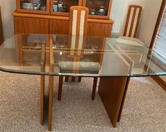 Glass Top Teak Dining Room Table,