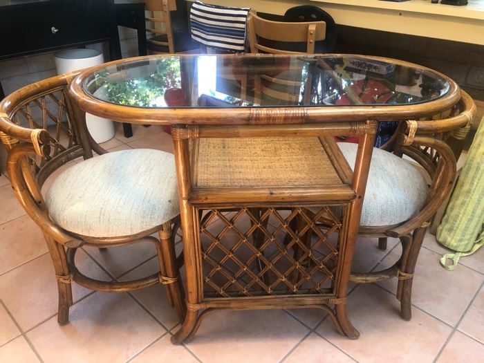 Mid century bent bamboo table and 2 chairs