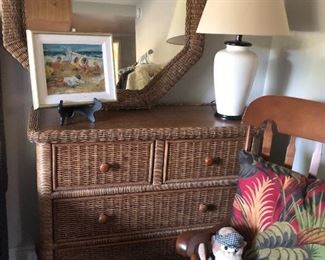 Tommy Bahama style wicker dresser w/mirror; oil painting, to king chair