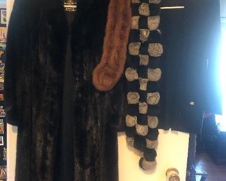 Full length mink coat, fur scarves