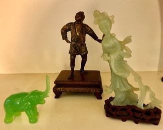 Bronze Asian warrior, jade geisha and elephant