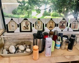 Framed pictures, Asian rock garden; hot/cold drink containers