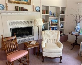 Arrowback Arts & Crafts Oak sewing Rocker, Piecrust Tilt top table