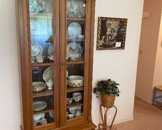 Walnut Victorian Bookcase/ China Cabinet, Bamboo Planter