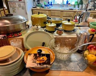 Kitchen melamine, small appliances, punch bowl, pots & pans