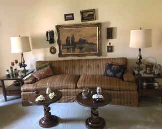 Great MCM/RETRO LONG AND LIE GOLD STRIPED SOFA TWO EXTRA LARGE CUSHIONS; old world frame on traditional style Italian landscape snd framed treasures. Also a pair of hollow twisted cocktail tables with capidimonte fleurs