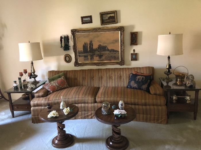 Great MCM/RETRO LONG AND LIE GOLD STRIPED SOFA TWO EXTRA LARGE CUSHIONS; old world frame on traditional style Italian landscape snd framed treasures. Also a pair of hollow twisted cocktail tables with capidimonte fleurs