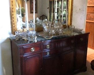 Matching buffet with beautiful, traditionally gilded, beveled mirror, vintage Loveland Rose plated melon shaped silver service, 