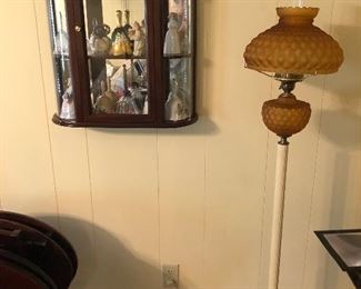 Tufted glass floor lamp and wall hanging curio with bell collection 