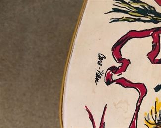 Up close of the signature of the original vintage Caro-Nan daisy basket hand back 