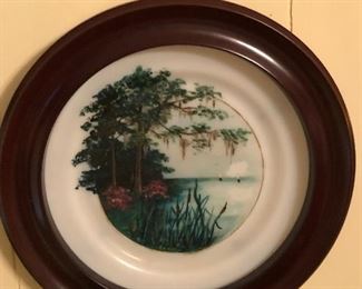 Hand painted milk glass plate