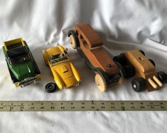 4 Model Cars, Burago Cobra 4257, John Deere. 2 Handmade wooden cars