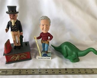 Uncle Sam Plastic Bank, Dean Johnson Resin Bubblehead. Plastic Dinosaur Bank