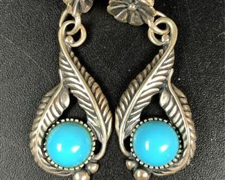 CR Signed Sterling Silver & Turquoise Dangle Pierced Earings
