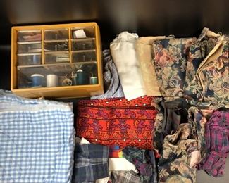 Sewing items and Fabric Scraps including Sterling Thimble
