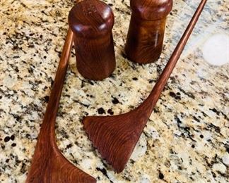 Danish Modern teak “Ginkgo” shape salad servers and walnut S&P shakers