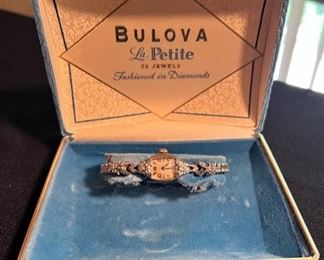 Vintage ladies Bulova La Petite 23 Jewel Fashioned in Diamonds wrist watch with original presentation case