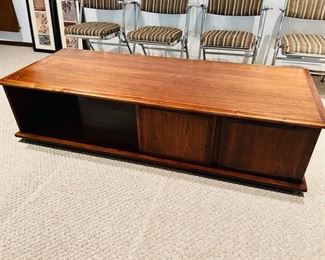 Gorgeous MCM solid walnut coffee table with storage. It measures 66”L x 26”D x 16”T