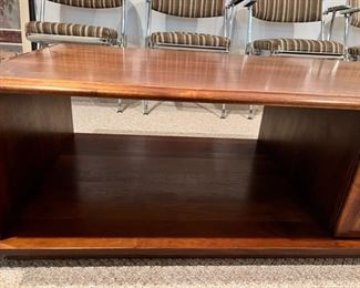 Gorgeous MCM solid walnut coffee table with storage. It measures 66”L x 26”D x 16”T