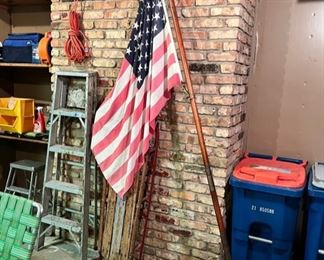 Antique wood 9’ flag pole with nautical detail and cotton flag