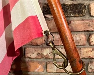 Antique wood 9’ flag pole with nautical detail and cotton flag