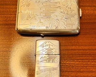 Vintage 950 Sterling Silver Cigarette Case with Matching Lighter