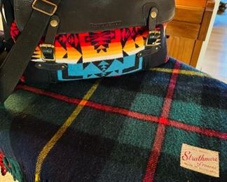 Pendleton wool & leather messenger bag and vintage Strathmore of Forfar, Scotland wool throw
