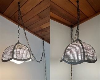 Two smaller wicker shade hanging light fixtures