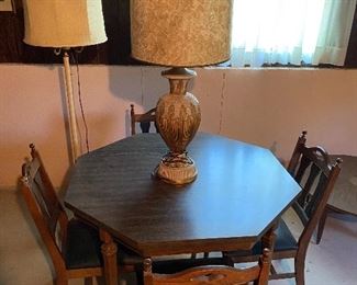 Liberty Table Company table with four chairs; vintage table lamp.